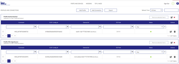 Форма TCP↔NIDD – профили и соединения